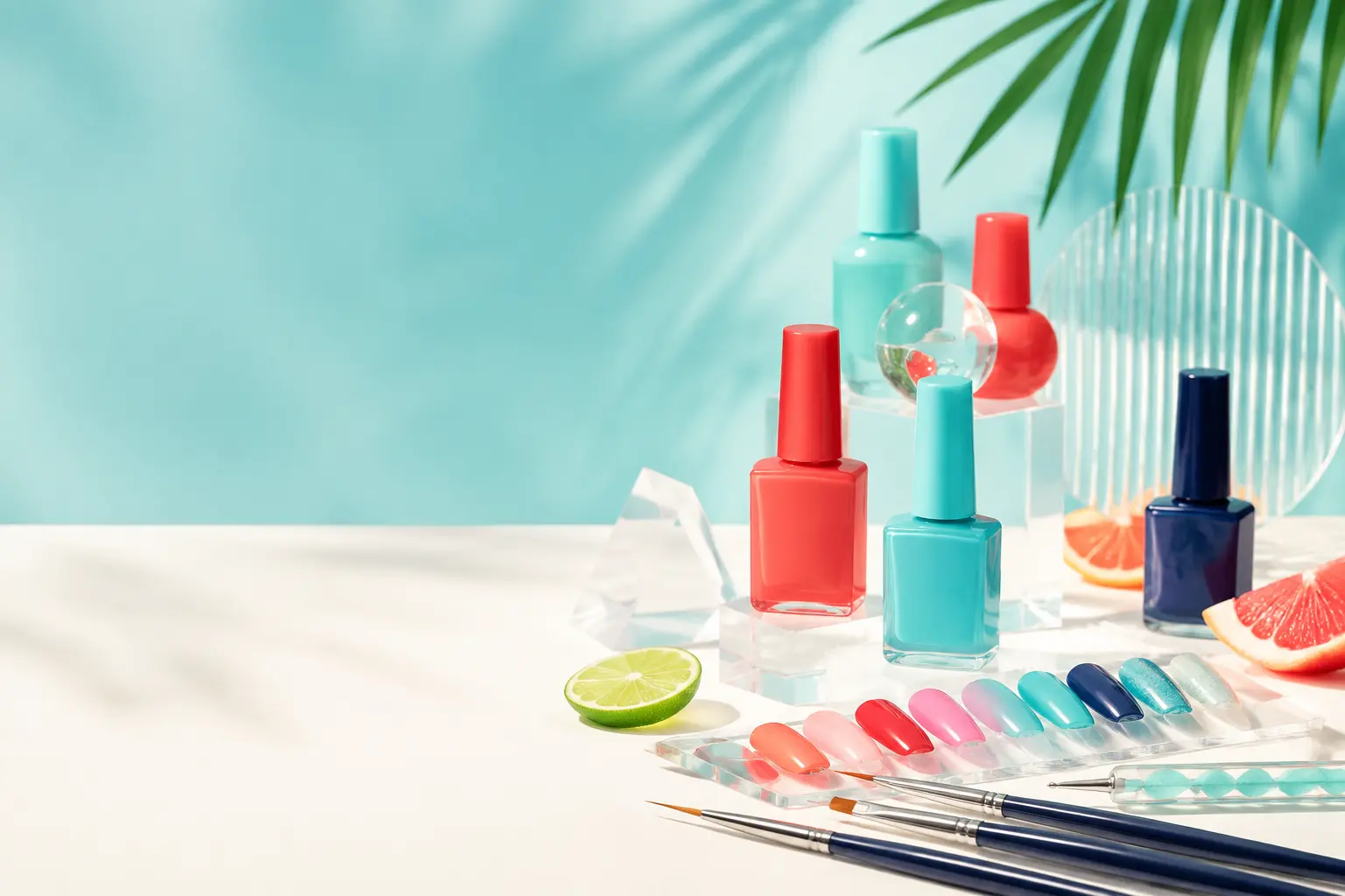 Fresh coral and aqua professional nail supplies