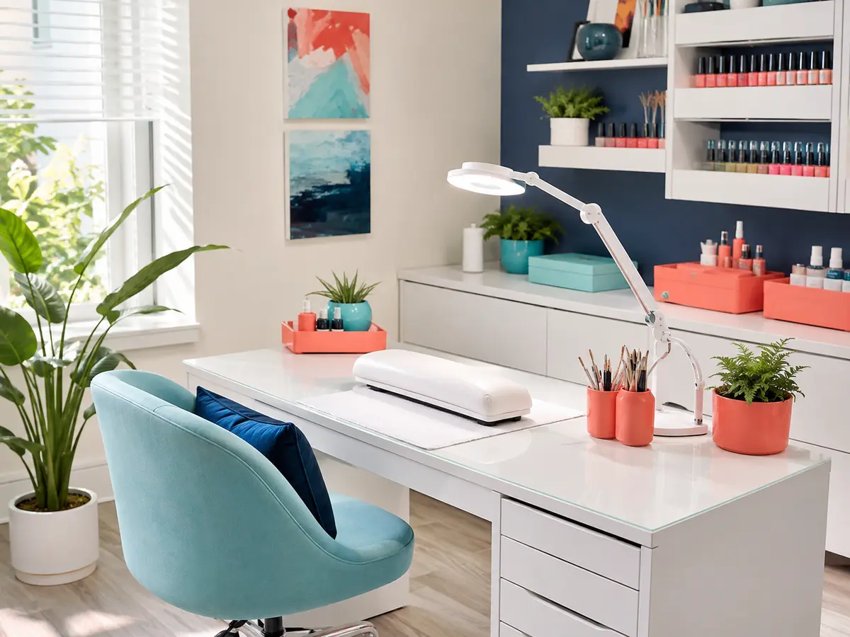 Bright coral and aqua professional nail workspace