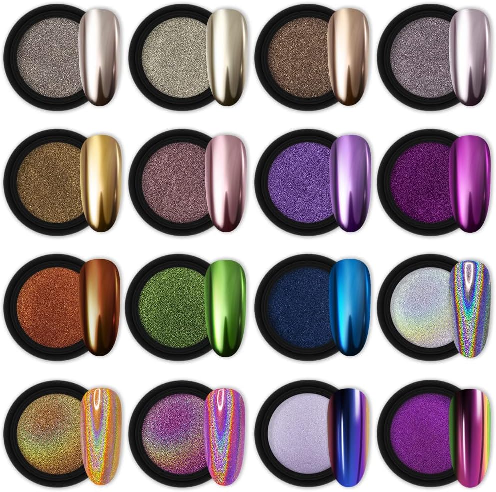 Artdone 16 Jars Chrome Nail Powder Nail Art Glitter Decoration Metallic Mirror Effect Holographic Aurora Chameleon Pigment Powder 1g/Jar Pearl for Resin Craft & Nail Art Fimo