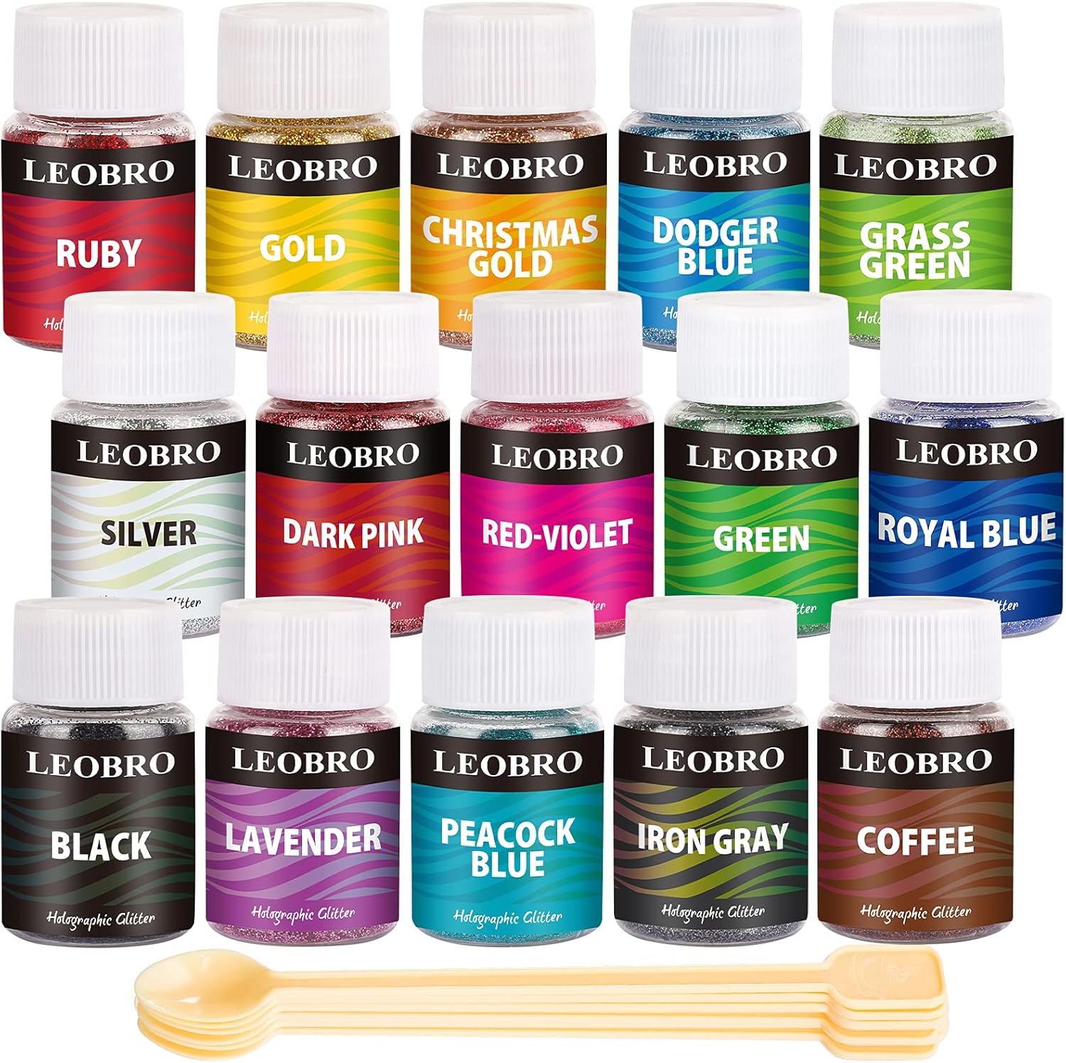 LEOBRO Holographic Fine Glitter, 15 Colors Glitter, Extra Fine Resin Glitter Powder, Craft Glitter for Resin Jewelry Art Crafts Making, Cosmetic Glitter for Nail Body Hair, with 10 PCS Stir Spoons