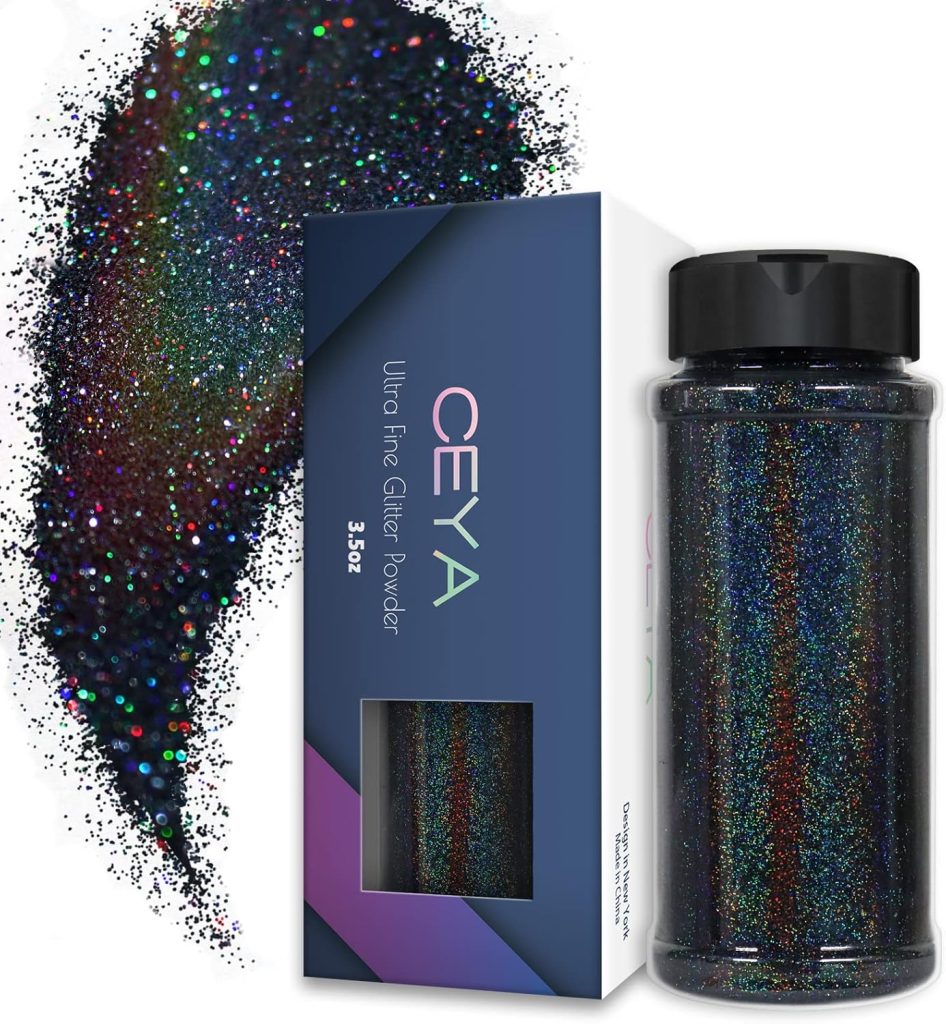 Ceya 3.5oz/ 100g Holographic Ultra Fine Glitter Powder Laser Black Glitter 1/128” 0.008” 0.2mm for Slime Epoxy Resin Craft Tumbler Jewelry Nail Art Festival Makeup Scrapbook Painting Wedding Cards