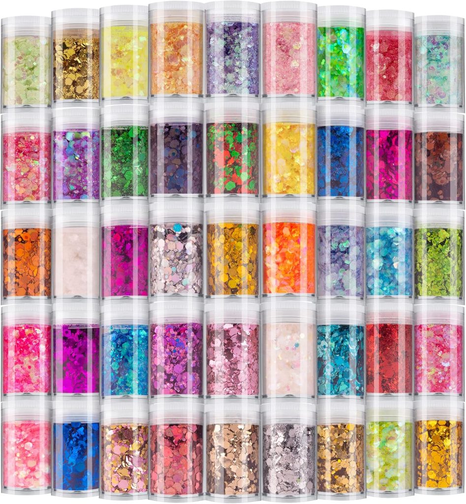 Holographic Chunky and Fine Glitter Mix, 45 Colors Festival Sequins & Glitter Powder, Iridescent Glitter Flakes, Cosmetic Face Body Eye Hair Nail Art Resin Tumbler Loose Glitter