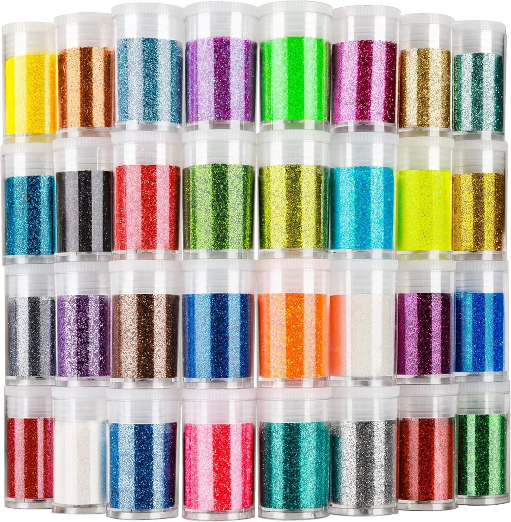 LEOBRO Glitter, Fine Glitter for Resin, Set of 32 Colors Glitter, Extra Fine Resin Glitter Powder, Craft Glitter for Epoxy Resin, Assorted Nail Body Glitter Bulk, Christmas Glitter Tumbler Crafts
