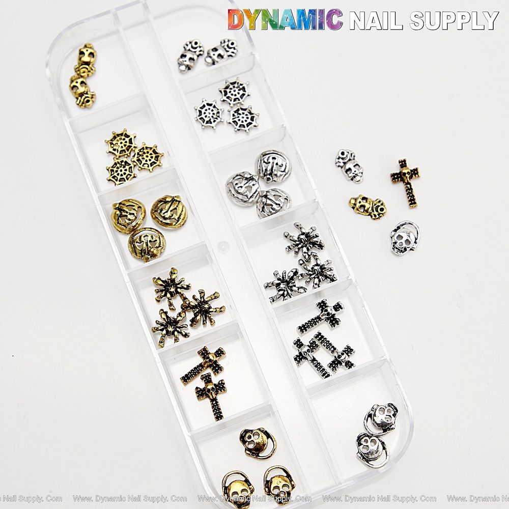 Metallic Skull Nail Charms: 36pcs Gold & Silver Set